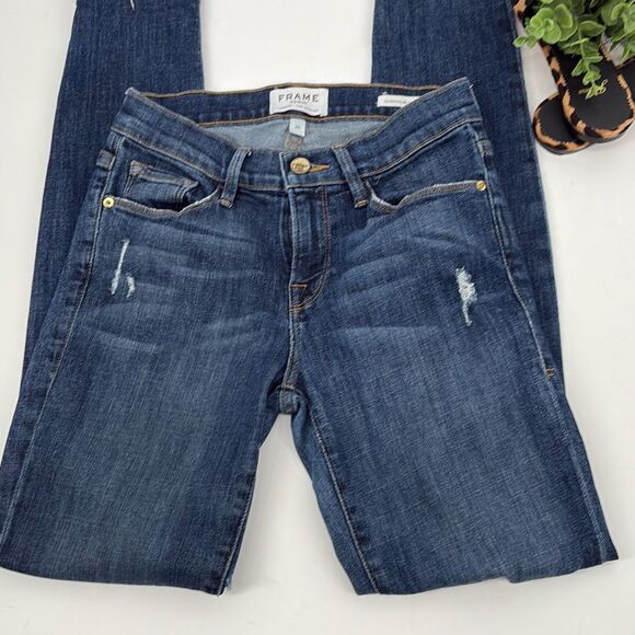 Frame Le Skinny De Jeanne Distressed Skinny Mid-Rise Jeans Stretch Size 26 - Picture 3 of 13